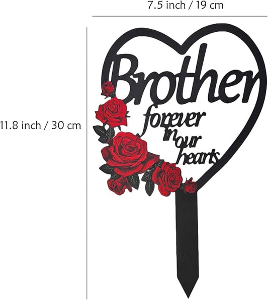 AIM & GGKK Memorial Stake for Brother - Metal Heart Grave Marker with Red Roses, Memorial Plaque Cemetery Decor for Grave, Garden, Gravesite