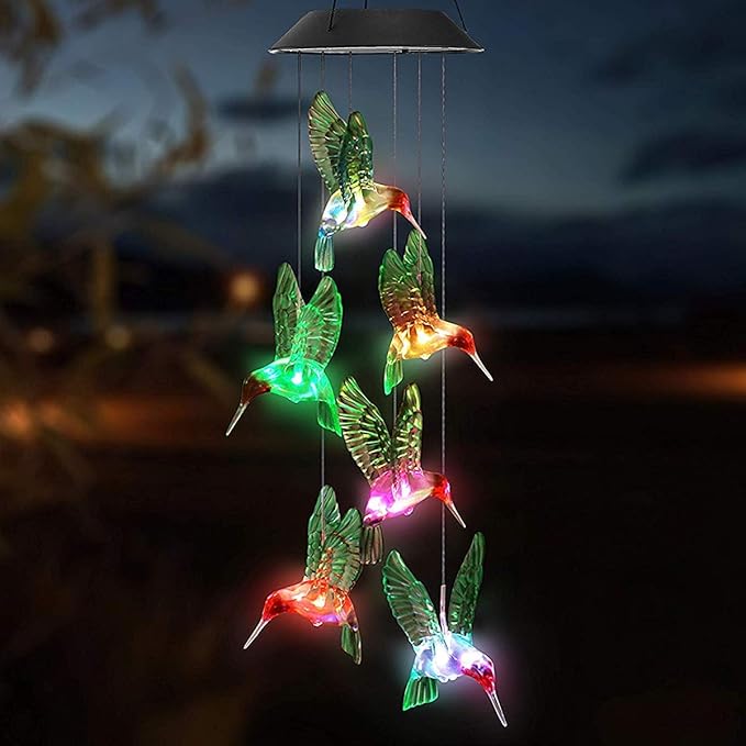 TDA Solar Wind Chimes Light Outdoor Changing Color Decorative Mobile Portable for Patio Walkway Pathway Backyard Landscape Decoration (Green Hummingbird)