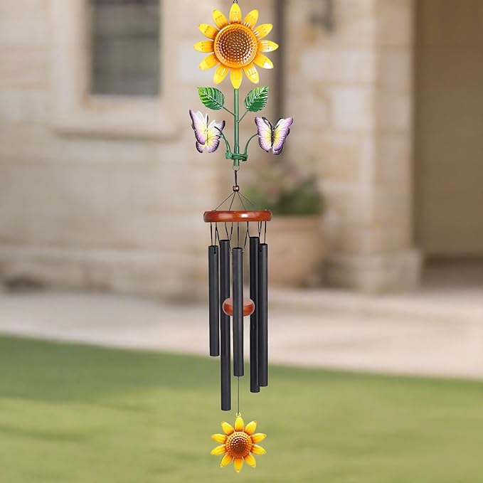 Sunflower Wind Chimes with Spinning Butterflies for Outside Hanging Garden Decor, Black Aluminum Tubes, Floral Wind Chimes for Yard, Porch, Patio, or Balcony for Women Mom Grandmom