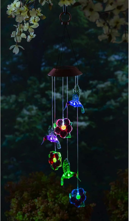 Evergreen Garden Beautiful Summer Colorful Hummingbirds and Flower Solar Hanging Mobile - 5 x 5 x 26 Inches Fade and Weather Resistant Outdoor Decoration for Homes, Yards and Gardens