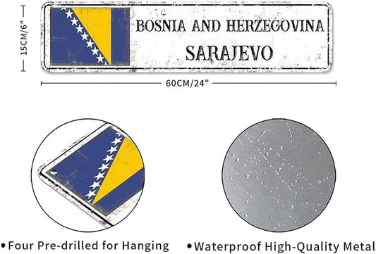 Bosnia and Herzegovina Custom Street Sign Bosnia and Herzegovina Flag Signs Capital City of Bosnia and Herzegovina Metal Sign Road Rustic Wall Art Home Decor Gift for Foreign Friend, Neighbor 24x6in