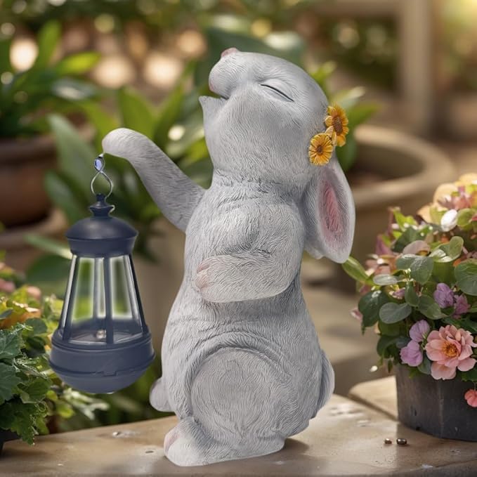Garden Statue Solar Garden Decor Solar Rabbit with LED Light Outdoor Easter Decorations for Home, Patio, Yard,Lawn Ornaments Waterproof Resin Figurine Christmas Mother's Day Gifts(9.8 Inch)