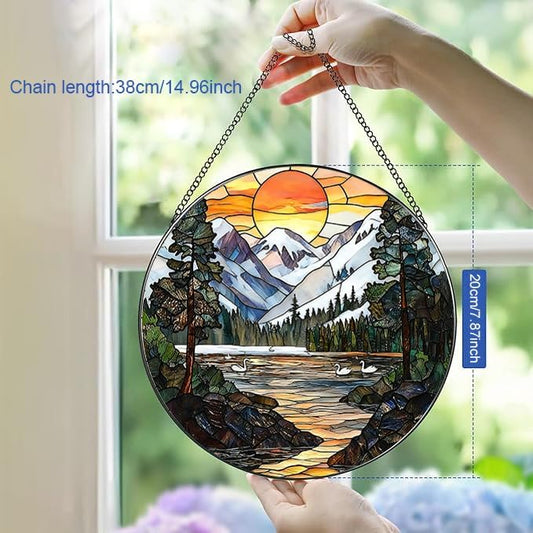 Stained Glass Window Hanging, Sunset Mountains and Lakes Landscape Suncatcher for Window Doors Garden Home Decoration, Glass Panel Ornaments for Women,Men,Wife, Lovers, and Mom 7.8×7.8 in