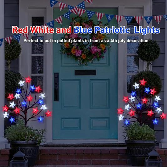 2 Packs Solar 4th of July Decorations Star Stake Lights, Waterproof Outdoor Red White and Blue Star Lights, 20LEDs with 3D Shaped Crystal Star Lights for Yard Garden Pathway Decorations