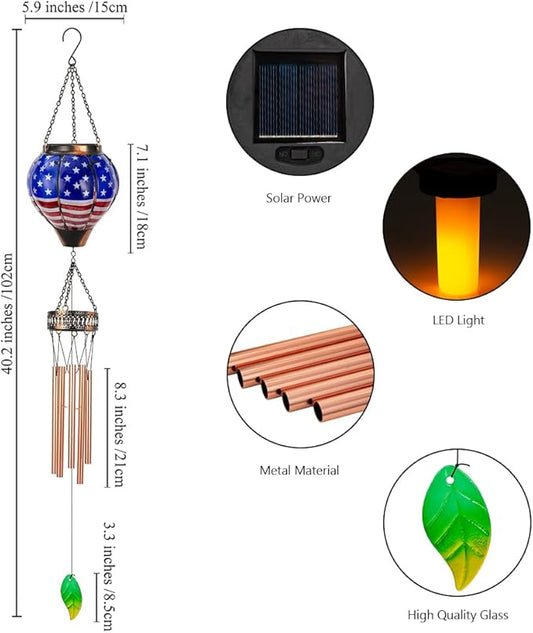 Starsoul Solar Wind Chimes for Outside, American Flag Hot Air Balloon with Flickering Flame Solar Wind Chime, Glass Windchimes Outdoors Garden Decor, Gift for Mother's Day Mom Grandma