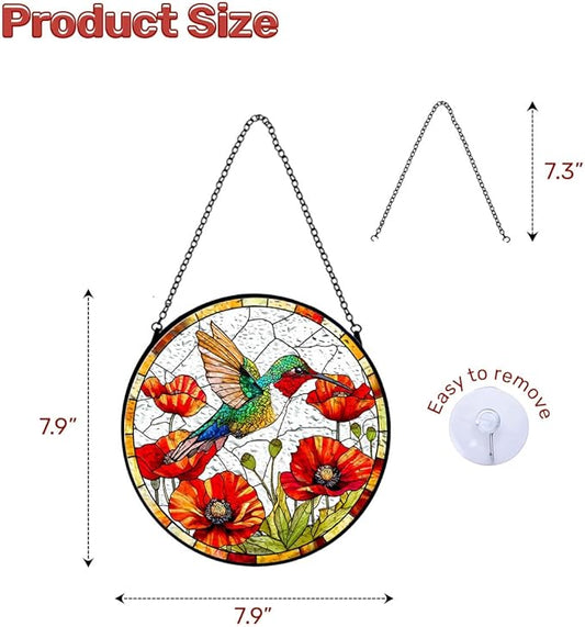 GENANY Hummingbird Stained Glass Window Hanging, Memorial Sun Catcher with Metal Chain and Hook, Spring Ornament Gifts for Women Men, Spring Home Decorations, Bird Themed Housewarming Gifts
