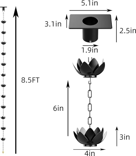 Rain Chain for Gutters Outside 8.5ft Downspout Replacement with 12 Cups Heavy-Duty Black Metal Rain Catcher Divert Rainwater for Gardens Patios & Home (2-Pack)