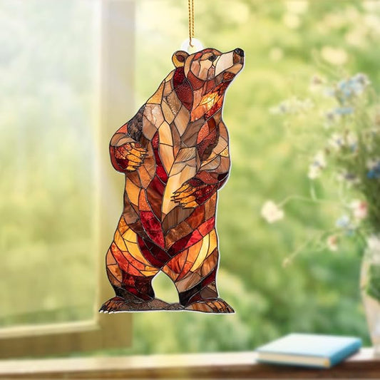 Stained Glass Acrylic Bear Ornament 2025 – Handcrafted Wildlife Christmas Tree Decoration, Rustic Lodge Cabin Décor, Window Hanging Suncatcher Gift for Nature & Animal Lovers (Sun-02)