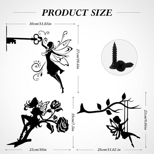 Hotop 3 Pcs Fairy Garden Silhouette Stakes Decoration Metal Fairy Silhouette Statue Butterfly Flower Tree Branch Wall Ornaments for Indoor Outdoor Home Yard Patio Lawn