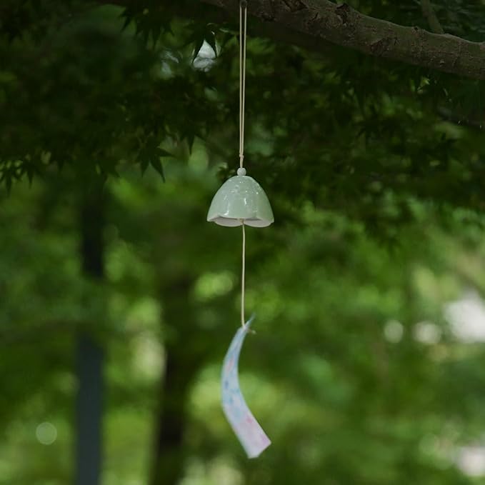 Ceramic Cherry Blossom Small Japanese Wind Chimes Outdoor, Handmade Pendants Wind Bells/Ceramic Wind Chimes for Outside with Soothing Melodic Tones for Garden Patio Balcony Home Décor (Green)