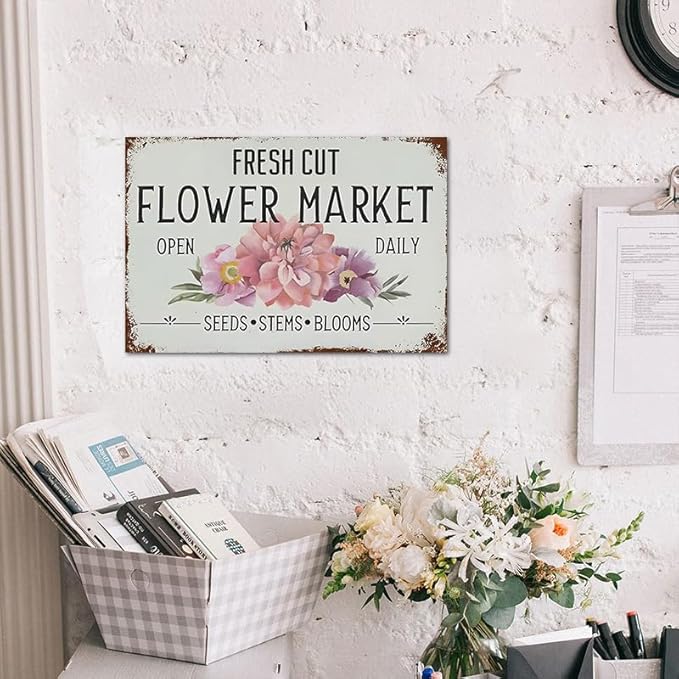 YOYI ART Fresh Cut Flowers Sign - Vintage Farmers Market Decor, Flower Shop Metal Tin Sign for Garden, Home, Cave Garage Bar Art Plaque Wall Decoration, 12 x 8 inch