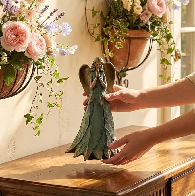 Napco Praying Angel Faith Plant Leaf 11 x 6 x 6.5 inches Blue and Bronze Resin Stone Collectible Figurine Statue Sculpture, Indoor Outdoor Garden Décor