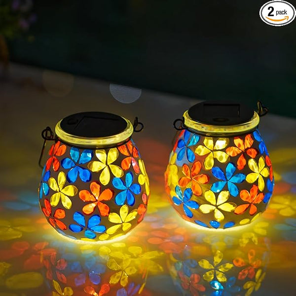 Stargarden 2Pack Mosaic Solar Lanterns, Glass Hanging Lantern Waterproof Outdoor Haning Lights Flower Decorative Table Lamp for Garden ,Patio,Yard Decor