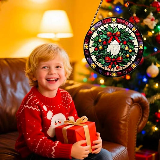 Stained Glass Window Hanging - Christmas Wreath Ornament 6.3 Inches Suncatcher for Garden Home Decor for Women Mon Grandma Friends