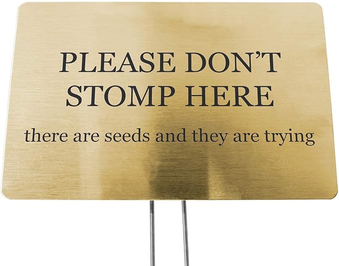 Outdoor Metal Garden Sign, Label, or Memorial. 4 x 2" or 6 x 4" sign with rounded corners and a 10" stake. Materials Include: Stainless Steel, Brass, Copper, Bronze and Titanium. (Brass, 4 x 6")
