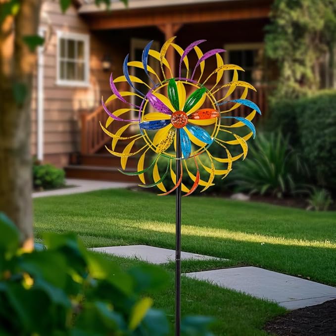 Wind Spinners Outdoor, Colorful Changing Garden Windmill for Yard Decor 65 inch, Unique Tree Leaf Design Metal Garden Wind Spinners,Gifts for Family Friends