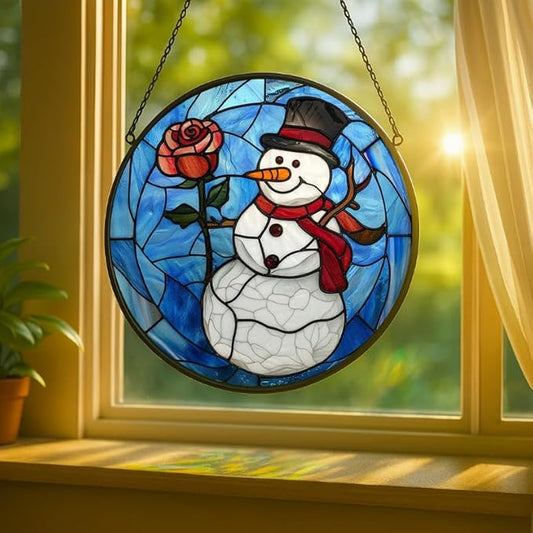 Stained Glass Window Hanging Christmas Snowman with Rose 6.3in Sun Catchers Panel for Indoor Decorative Display for Mom Wife Lovers Festive