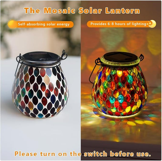 Starsoul 2 Pack Solar Lanterns Outdoor Waterproof, Exquisite Colorful Mosaic Glass Solar Garden Decor, Gifts for Women Mom Grandma