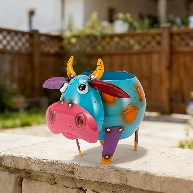 Oak & Lore Colorful Metal Cow Garden Statues, Cartoon Cow Outdoor Garden Sculptures & Statues with Planters Art Decor for Patio, Lawn, Yard, Balcony