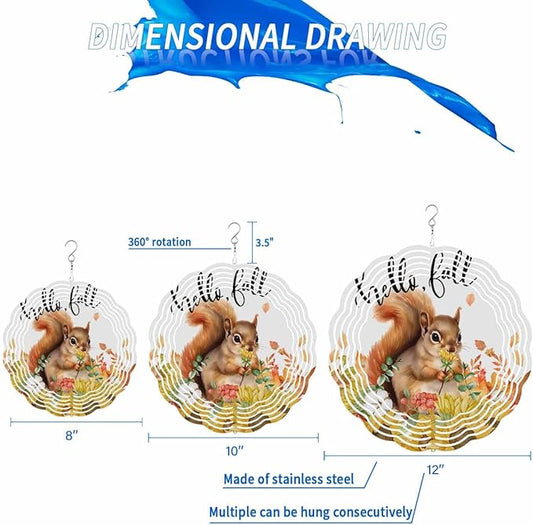 Stainless Steel Wind Spinner for Yard Garden Decoration, Watercolor Hand Drawn Floral Sunflower Squirrel Round Wind Sculpture Spinner 3D Crafts Hanging Ornaments for Indoor Outdoor, 8 Inch