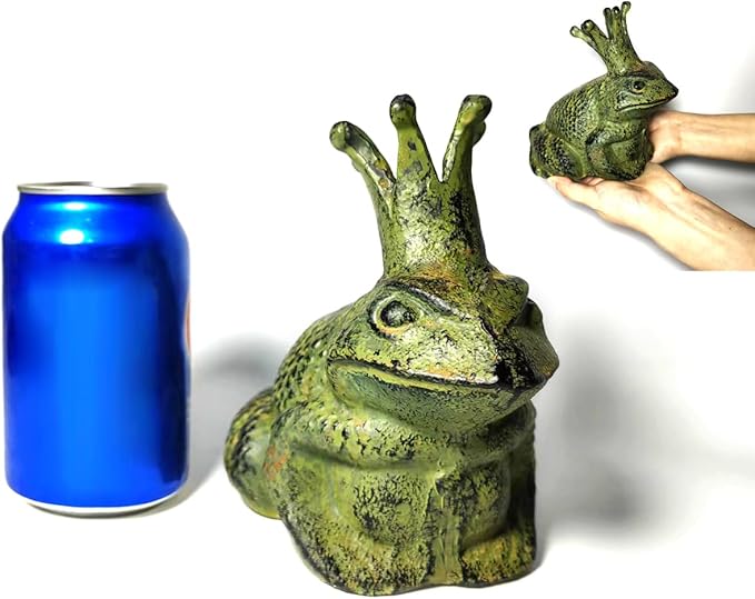 Cast Iron Frog Garden Statue Decor, Frog Pond Sitter Figurine, Frog Sculpture 6.3inches with Crown for Patio, Frog Garden Accent, Cute Outside Ornament, Heavy Duty Weights 4.4lbs