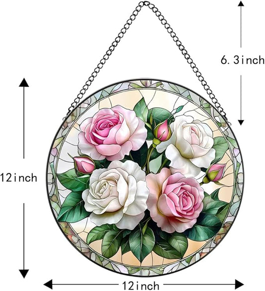 Handmade Rose Stained Glass Sun Catcher - Elegant Floral Window Hanging Ornament, Suncatcher for Home & Garden Decor, for Valentine's Day, Weddings & Mother's Day (Pink, 9.8 * 9.8IN)