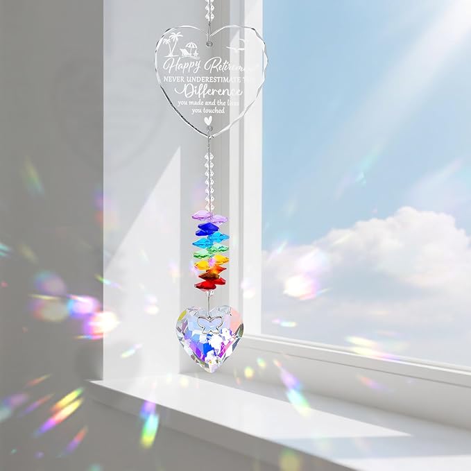 Retirement Gift Crystal Suncatcher,Retirement Gifts for Women Men,Gifts for Retired Coworker Nurse Teacher-Heart Prism Sun Catcher with Card for Window