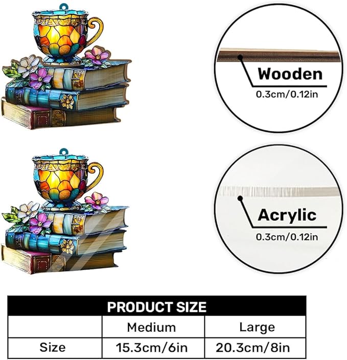 Jesuspirit - Window Hanging Suncatcher โ Crystal Clear Acrylic & Wood Sun Catcher for Home Decor, for Women (Floral Book and Tea, 6 Inches)