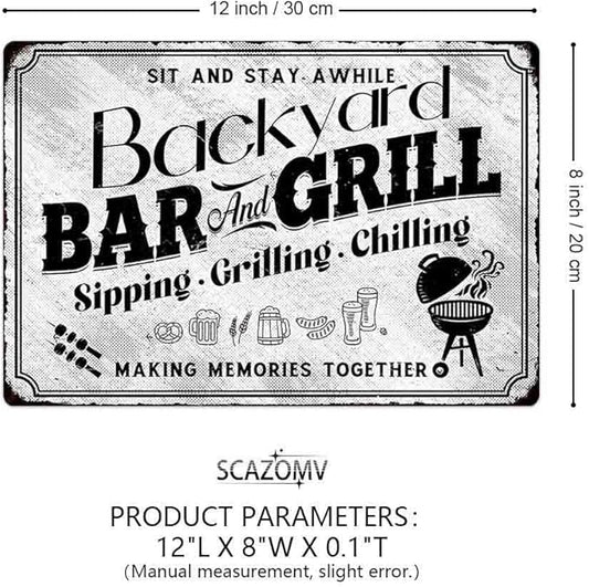 SCAZOMV Backyard Bar & Grill Metal Sign - Indoor/Outdoor Patio Signs For Backyard - Funny Signs For Home Barbecue And Grill Decor, Bar Signs For Home Bar, Backyard Bar Patio Accessories