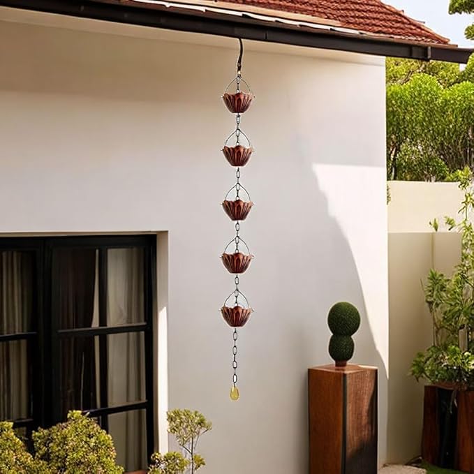 Rain Chain Gutter Downspout Catcher Outside Water Diverter Decorative Garden Rain Cups Chime Home Decor (Bronze)