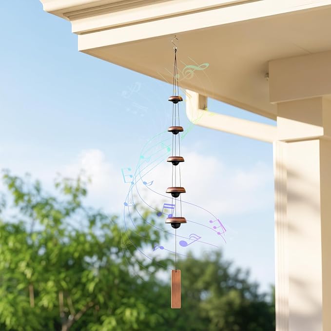 Copper Wind Chimes for Outside, 36'' Temple Windchimes with 5 Red Copper Bells, Feng Shui Wind Chime for Home Yard Outdoor Decoration, Memorial Winds Chime for Home Garden Zen Decor