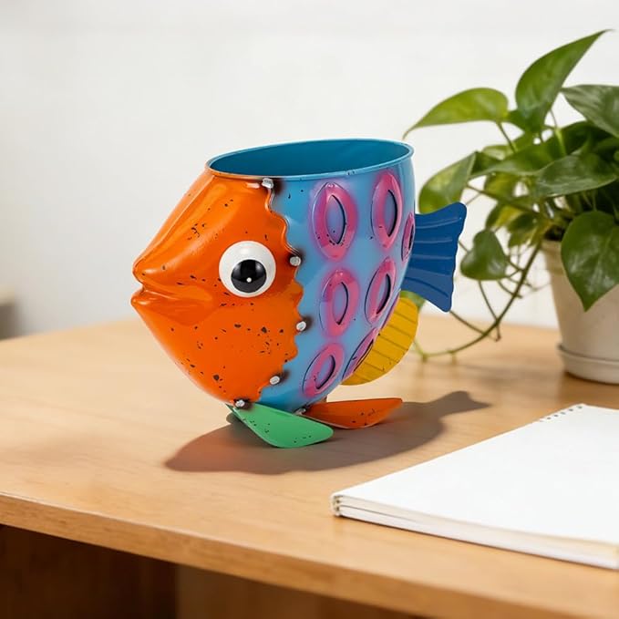 Oak & Lore Colorful Metal Fish Garden Statues, Cute Animal Garden Sculptures & Statues with Planters for Home Patio Porch Yard Decor