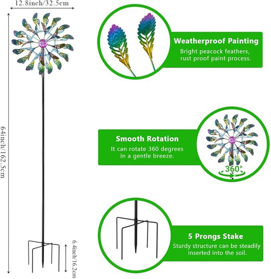 DREAMSOUL 64" Tall Peacock Feather Wind Spinners Outdoor 360° Rotation Metal Windmill for Yard Kinetic Wind Spinner