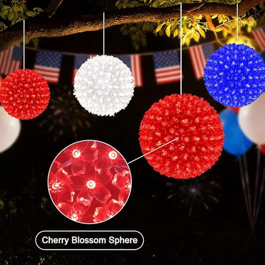 3PK 8In Patriotic Light Ball, 200LED Red White Blue Sphere Lights,Twinkle Hanging Globe Lights for 4th of July, Memorial Day, Independence Day & Veteran Day, Red White Blue Decor for Outdoor Home