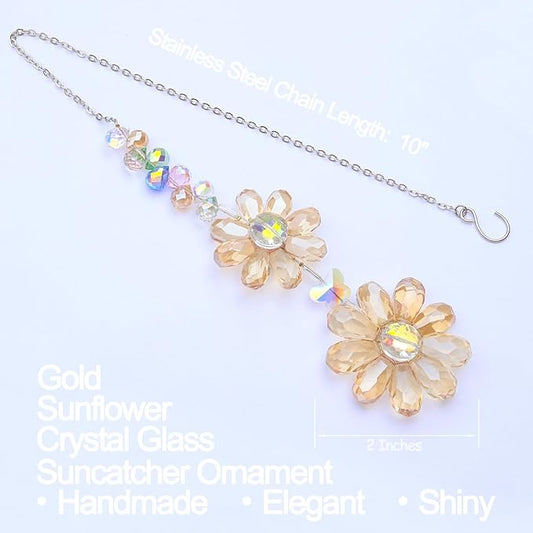 Crystal Flower Suncatcher Hanging Ornament, Rainbow Maker Window Sun Catcher Indoor Outdoor Patio Garden Decor (Gold)