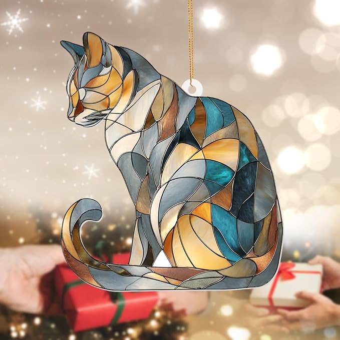 Stained Glass Cat Ornament โ 2025 Christmas Tree Decoration, Handmade Animal Suncatcher for Window, for Cat Lovers & Unique Home Dรฉcor (Sun-03)