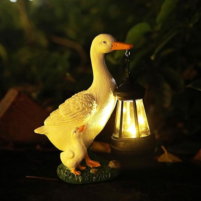 Garden Duck Statue with Solar Lantern, 7.7 Inches Resin White Duck Figurines Light Yard Art Sculpture Outdoor Decor for Patio Lawn Backyard Porch Ornaments