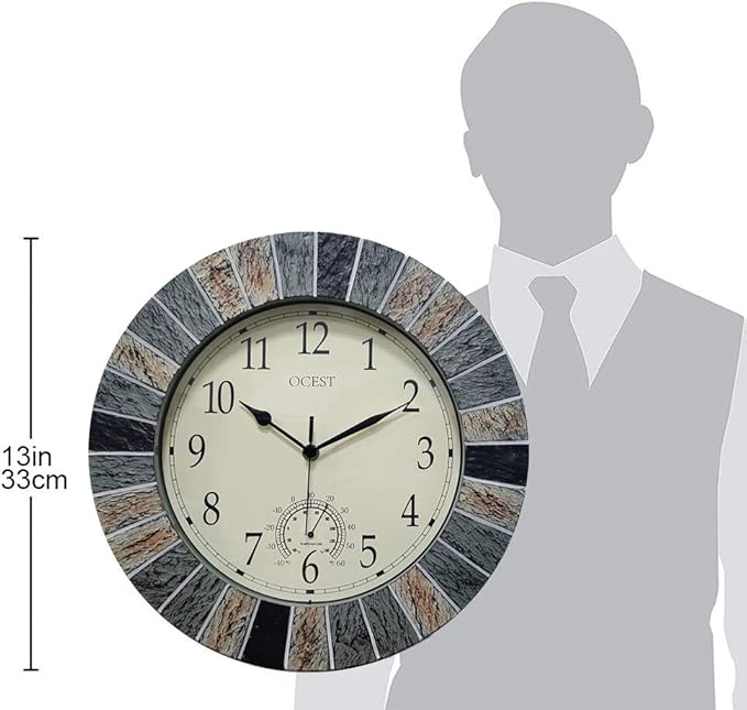OCEST 13 Inch Large Outdoor Indoor Clock, Waterproof Wall Clock with Thermometer, Weather-Resistant Non-Ticking Battery Operated Decor for Patio, Pool, Lanai, Fence, Porch, Garden(Brown)