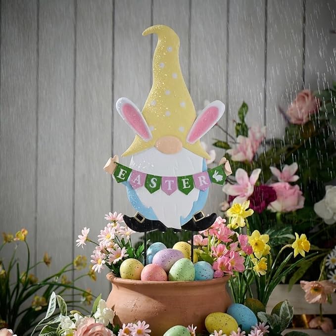 TERESA'S COLLECTIONS Easter Decorations Outdoor for Home, Metal Easter Gnomes Decor Yard Stakes, Pink & Blue Egg Rabbit Garden Stakes Gifts, Welcome Yard Signs for Outside Lawn Porch Patio, 27"