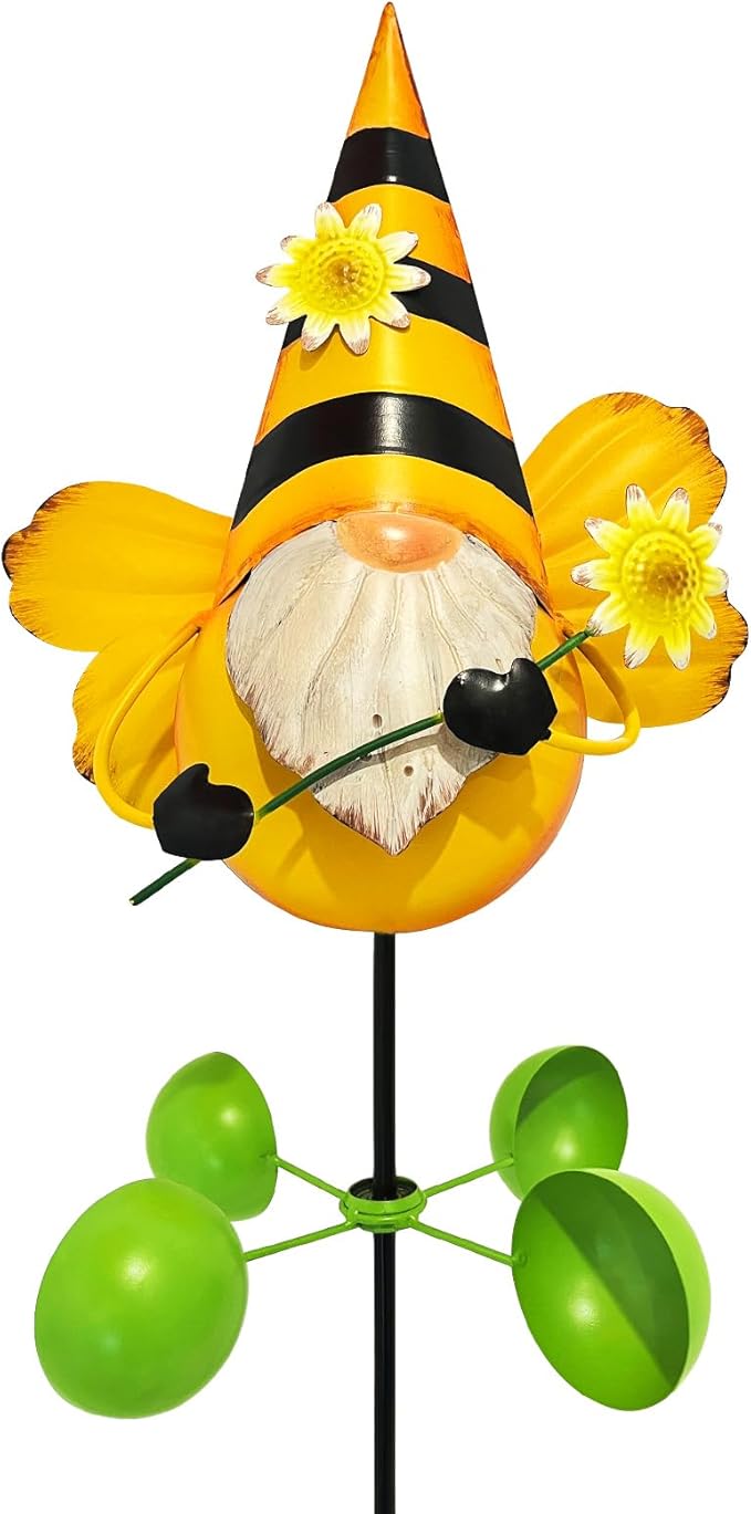 HONGLAND Gnome Metal Yard Art, Gnomes Garden Statue Outdoor Decor, 48 inch Gnome Decorations 360 Degrees Swivel Wind Spinner for Outdoor Patio Garden Backyard Décor - Bee