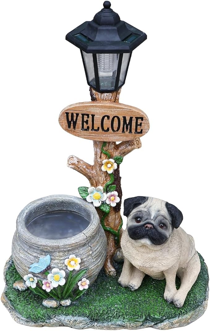 Solar Garden Statue with Planter & Solar Lantern, Outdoor Resin Animal Sculpture, Waterproof Yard Lawn Decor Pot for Succulents, Front Porch Ornament Housewarming Gift (Pug)