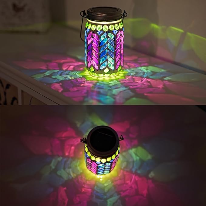Stargarden 2 Pack Mosaic Solar Lantern ,Waterproof Outdoor Hanging Jar Lights, Mosaic Lights Solar Garden Decor for Patio Pathway Yard