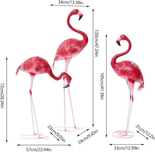 Outdoor Flamingo Garden Statues Set of 1/2/3, Metal Lawn Art Decorations with Rustproof Iron, Lifelike Tropical Bird Sculpture for Yard Patio Terrace Wedding Birthday Gift