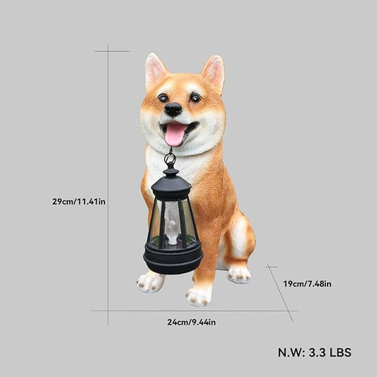Akita Dog Garden Statue with Solar Lantern, Outdoor Resin Puppy Animal Sculpture with Double-Sided Sign (Welcome & On Patrol), Waterproof Lawn Yard Porch Patio Decor, Dog Lover Gifts, 11.4"