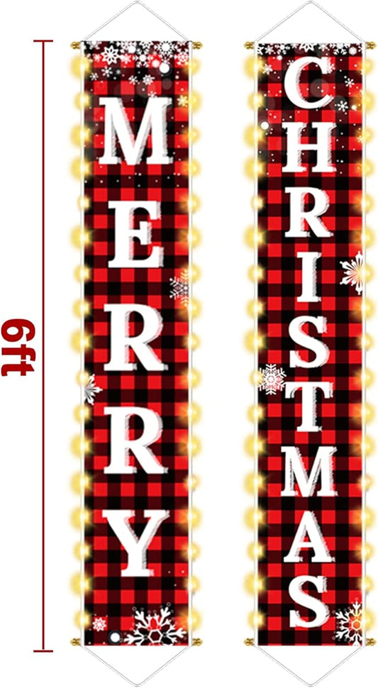 Ivenf Christmas Decorations Outdoor Yard, Outside Front Porch Sign Set with Lights, Red Black Buffalo Plaid Xmas Door Decorations, Hanging Banner for Home Decor Wall Front Door Yard Garage