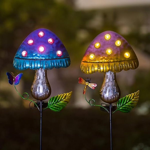 Solar Mushroom Lights for Outside 2 Pack,Mushroom Solar Lights Outdoor Metal Stakes Decorate Garden,Path,Backyard,Flower Bed,Pathway,Lawn