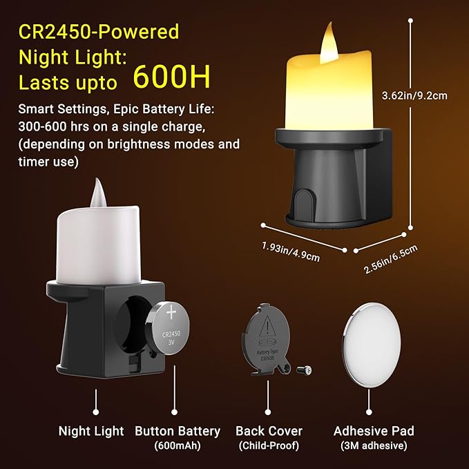 Flameless Candles Night Light with Flickering Flame, Battery Operated LED Night Light, Magnetic Attachment for Easy Placement, Realistic Candlelight for Home, Bathroom, Window Decor (Black, 2 Pack)