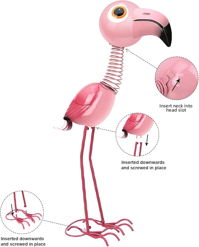 Pink Flamingo Metal Garden Statue, Life Size 35" Cute Spring-Neck Bobble Flamingo with Big Eyes & Long Legs, Adorable Metal Yard Decor for Lawn, Garden or Patio, Rustproof Iron Sculpture