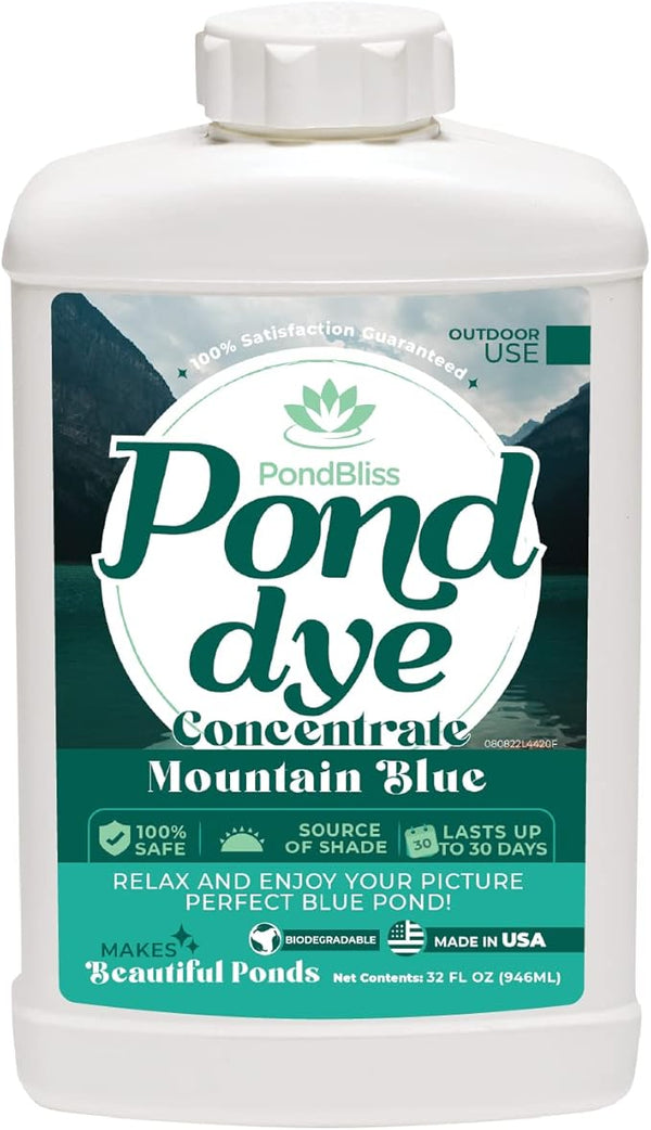 Mountain Blue Pond Dye, Fish Safe 1 Acre Concentrate for Koi, Ornamental and Livestock Ponds - 1 Quart Liquid Dye (32oz)