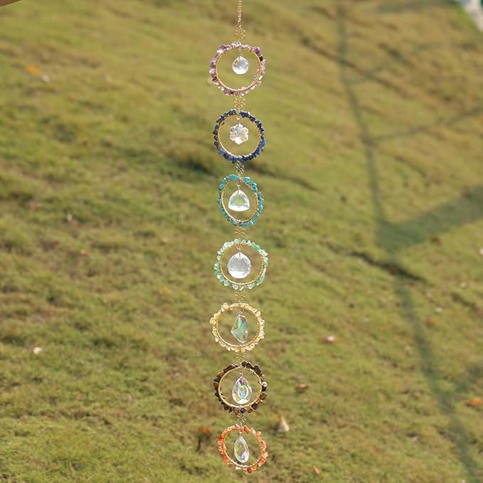 Chakra Hanging Crystals Natural Gemstone Decor Window Sun Catcher 7 Chakra Spheres Gemstone Wall Hangings Healing Crystal Decor Handmade Decoration Gift for Mom